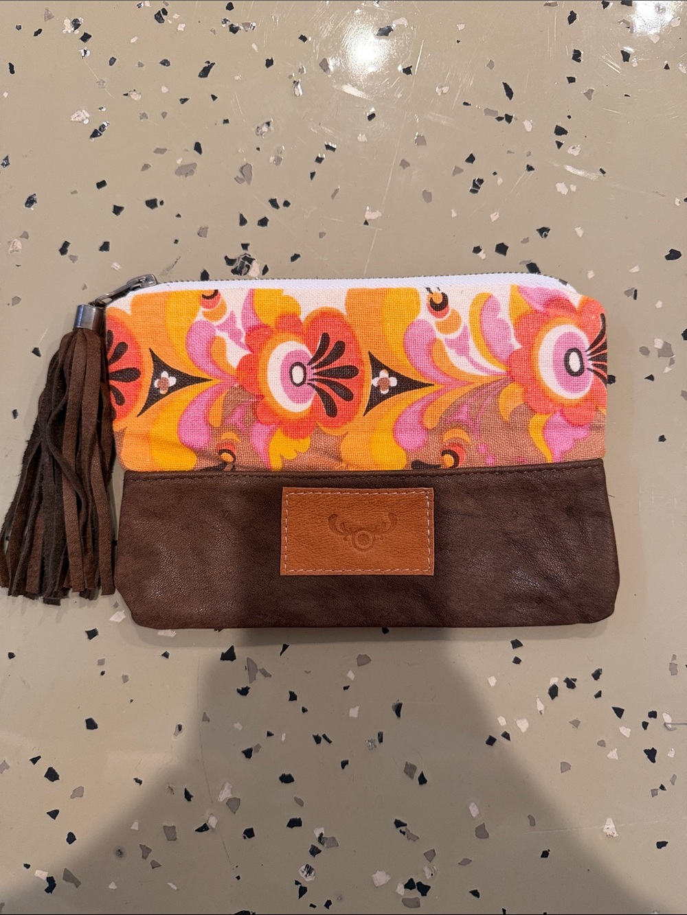 Floral Canvas & Brown Leather Tassel Clutch - Unbranded